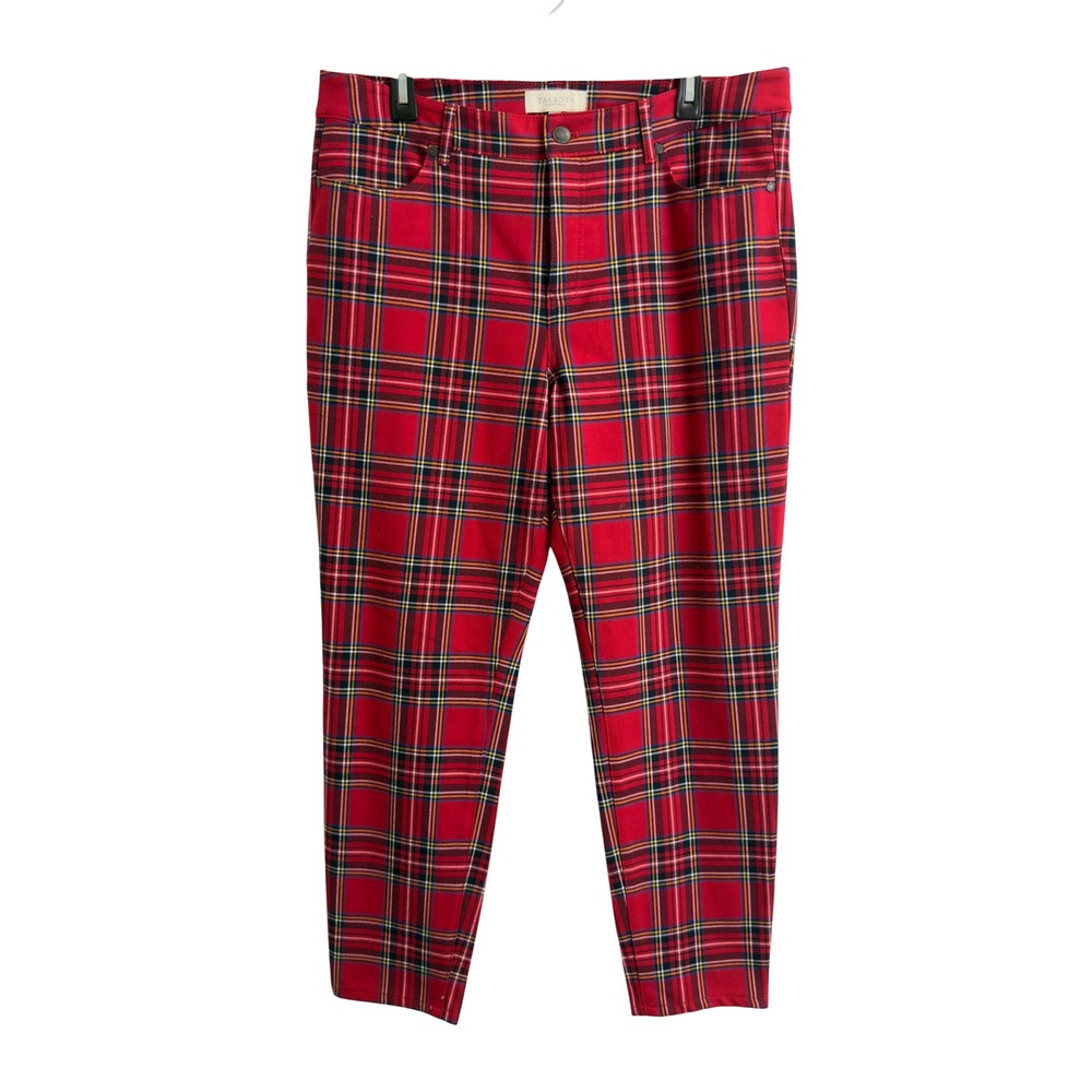 Talbots Petite Red Plaid Ankle Pants 14P High Rise Stewart Tartan Tapered Leg